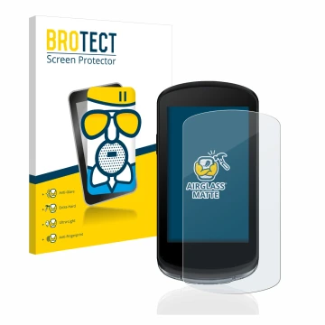 Front side of a product packaging with the brand logo BROTECT. Next to it is the device Garmin Edge 1040 shown with the corres