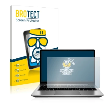 Front side of a product packaging with the brand logo BROTECT. Next to it is the device HP ProBook 640 G8 shown with the corre