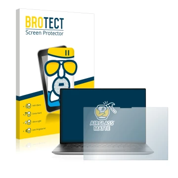 Front side of a product packaging with the brand logo BROTECT. Next to it is the device Dell XPS 15 9510 Touch shown with the 