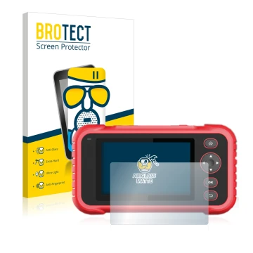 Front side of a product packaging with the brand logo BROTECT. Next to it is the device Launch CRP 123 / 129 EVO shown with th