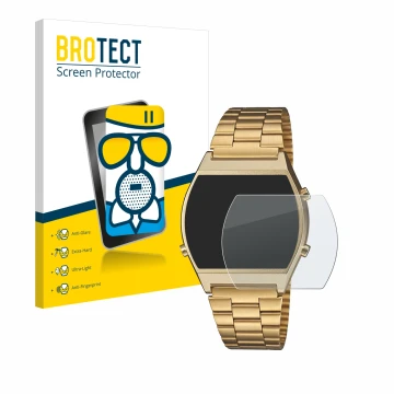 Front side of a product packaging with the brand logo BROTECT. Next to it is the device Casio Retro B640WB shown with the corr
