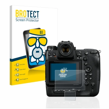 Front side of a product packaging with the brand logo BROTECT. Next to it is the device Nikon Z 9 (Display + top plate display
