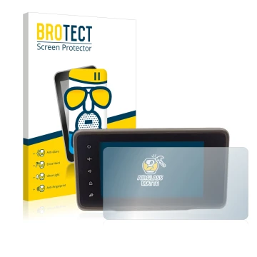 Front side of a product packaging with the brand logo BROTECT. Next to it is the device Dacia Duster 2 MediaDisplay shown with