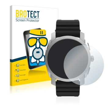 Front side of a product packaging with the brand logo BROTECT. Next to it is the device Fossil Gen 6 Hybrid Machine (45mm) sho