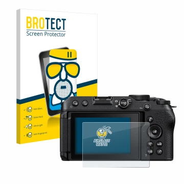 Front side of a product packaging with the brand logo BROTECT. Next to it is the device Nikon Z 30 shown with the correspondin