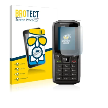 Front side of a product packaging with the brand logo BROTECT. Next to it is the device Crosscall Core-S4 shown with the corre