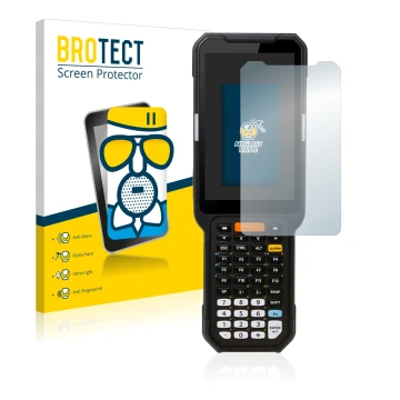 Front side of a product packaging with the brand logo BROTECT. Next to it is the device Point Mobile PM451 shown with the corr