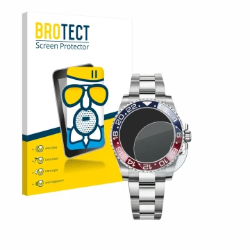 Front side of a product packaging with the brand logo BROTECT. Next to it is the device Rolex GMT-Master II shown with the cor