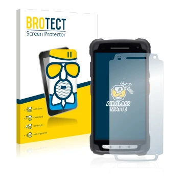 Front side of a product packaging with the brand logo BROTECT. Next to it is the device Janam XT3 shown with the corresponding