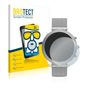 Front side of a product packaging with the brand logo BROTECT. Next to it is the device Fossil Stella (6. Gen) shown with the 