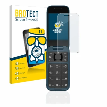 Front side of a product packaging with the brand logo BROTECT. Next to it is the device Nokia 2660 Flip shown with the corresp