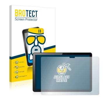 Front side of a product packaging with the brand logo BROTECT. Next to it is the device Lenovo Tab M10 (3th Gen.) shown with t