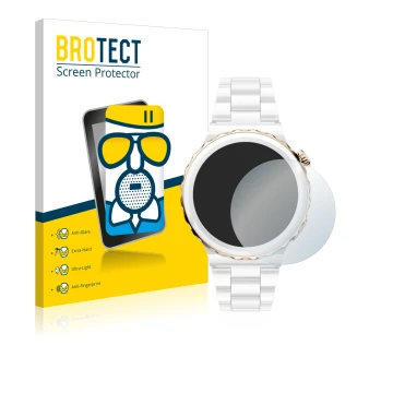 Front side of a product packaging with the brand logo BROTECT. Next to it is the device Huawei Watch GT 3 Pro Ceramic (43mm) s