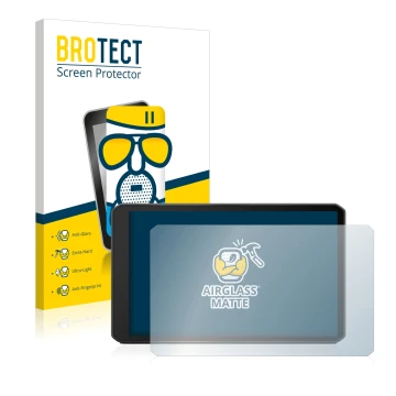 Front side of a product packaging with the brand logo BROTECT. Next to it is the device Garmin dezl LGV710 shown with the corr