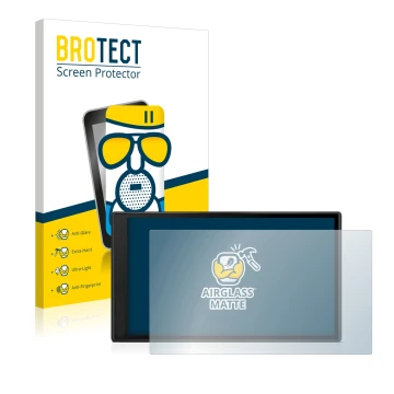 Front side of a product packaging with the brand logo BROTECT. Next to it is the device Garmin DriveSmart 66 shown with the co