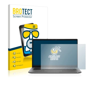 Front side of a product packaging with the brand logo BROTECT. Next to it is the device Dell Latitude 14 7430 shown with the c