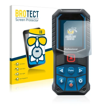 Front side of a product packaging with the brand logo BROTECT. Next to it is the device Bosch GLM 50-27 C shown with the corre