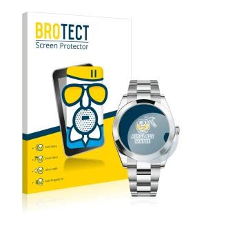 Front side of a product packaging with the brand logo BROTECT. Next to it is the device Rolex Datejust 41 shown with the corre