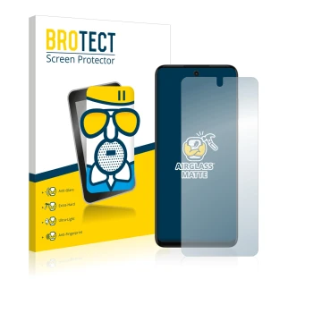 Front side of a product packaging with the brand logo BROTECT. Next to it is the device Motorola Moto G32 shown with the corre