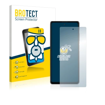 Front side of a product packaging with the brand logo BROTECT. Next to it is the device Blackview A100 shown with the correspo