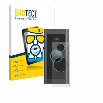 Front side of a product packaging with the brand logo BROTECT. Next to it is the device Ring Video Doorbell Wired shown with t