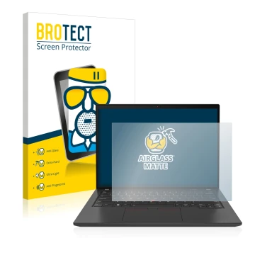 Front side of a product packaging with the brand logo BROTECT. Next to it is the device Lenovo ThinkPad T14 Gen 3 shown with t