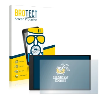 Front side of a product packaging with the brand logo BROTECT. Next to it is the device Garmin DriveSmart 76 shown with the co