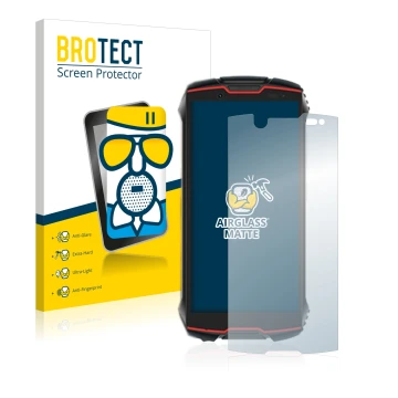 Front side of a product packaging with the brand logo BROTECT. Next to it is the device Cubot King Kong Mini 2 Pro shown with 