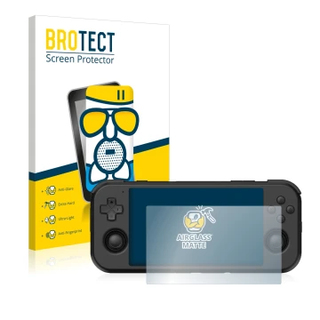 Front side of a product packaging with the brand logo BROTECT. Next to it is the device Retroid Pocket 3 shown with the corres