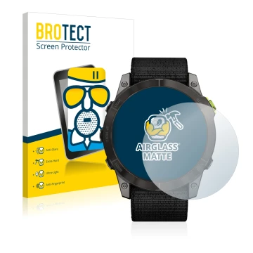 Front side of a product packaging with the brand logo BROTECT. Next to it is the device Garmin Enduro 2 shown with the corresp