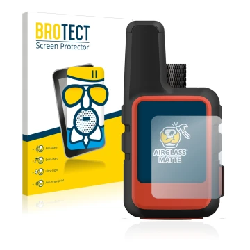Front side of a product packaging with the brand logo BROTECT. Next to it is the device Garmin inReach Mini 2 shown with the c