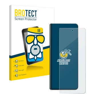 Front side of a product packaging with the brand logo BROTECT. Next to it is the device Samsung Galaxy Z Fold 4 shown with the