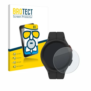 Front side of a product packaging with the brand logo BROTECT. Next to it is the device Samsung Galaxy Watch 5 Pro shown with 