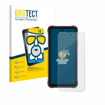 Front side of a product packaging with the brand logo BROTECT. Next to it is the device Umidigi Bison 2 shown with the corresp