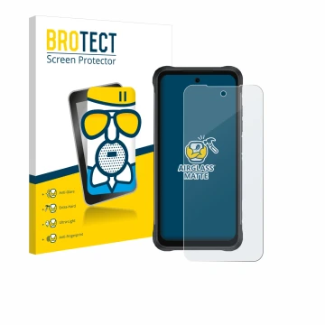 Front side of a product packaging with the brand logo BROTECT. Next to it is the device Umidigi Bison 2 Pro shown with the cor