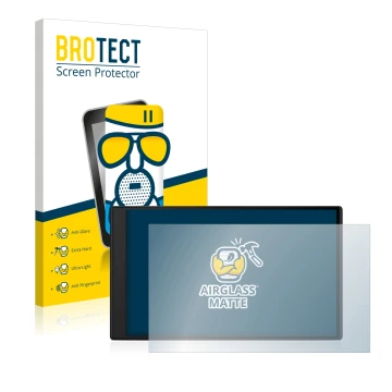 Front side of a product packaging with the brand logo BROTECT. Next to it is the device Garmin Camper 795 shown with the corre