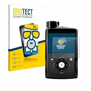 Front side of a product packaging with the brand logo BROTECT. Next to it is the device Medtronic Minimed 780G shown with the 
