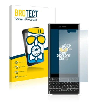 Front side of a product packaging with the brand logo BROTECT. Next to it is the device Unihertz Titan Slim shown with the cor