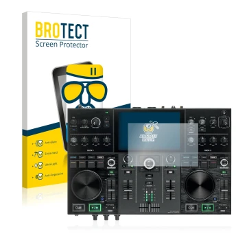 Front side of a product packaging with the brand logo BROTECT. Next to it is the device Denon DJ Prime Go shown with the corre