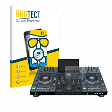 Front side of a product packaging with the brand logo BROTECT. Next to it is the device Denon DJ Prime 4 shown with the corres