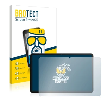 Front side of a product packaging with the brand logo BROTECT. Next to it is the device Honor Pad 8 shown with the correspondi