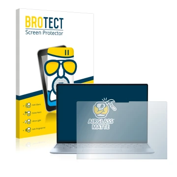 Front side of a product packaging with the brand logo BROTECT. Next to it is the device Dell XPS 13 9315 Touch shown with the 