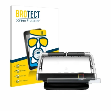 Front side of a product packaging with the brand logo BROTECT. Next to it is the device Tefal OptiGrill Elite XL shown with th