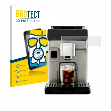 Front side of a product packaging with the brand logo BROTECT. Next to it is the device DeLonghi Eletta Explore shown with the
