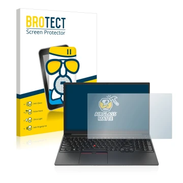Front side of a product packaging with the brand logo BROTECT. Next to it is the device Lenovo ThinkPad E15 Gen 4 shown with t