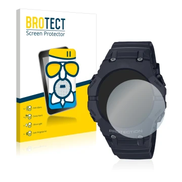 Front side of a product packaging with the brand logo BROTECT. Next to it is the device Casio G-Shock GA-B001 shown with the c