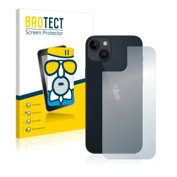 Front side of a product packaging with the brand logo BROTECT. Next to it is the device Apple iPhone 14 Plus (Back) shown with