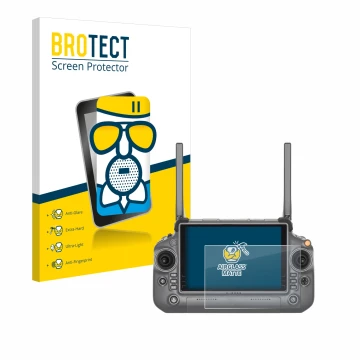 Front side of a product packaging with the brand logo BROTECT. Next to it is the device DJI RC Plus shown with the correspondi