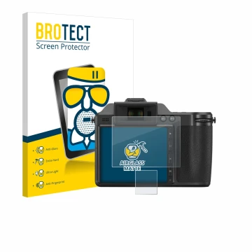 Front side of a product packaging with the brand logo BROTECT. Next to it is the device Fujifilm X-H2 shown with the correspon