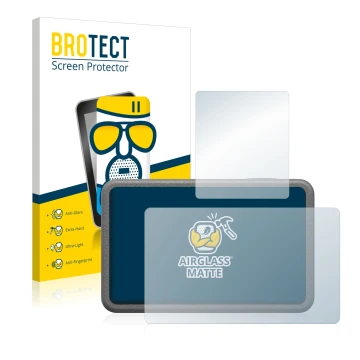 Front side of a product packaging with the brand logo BROTECT. Next to it is the device DJI Osmo Action 3 shown with the corre